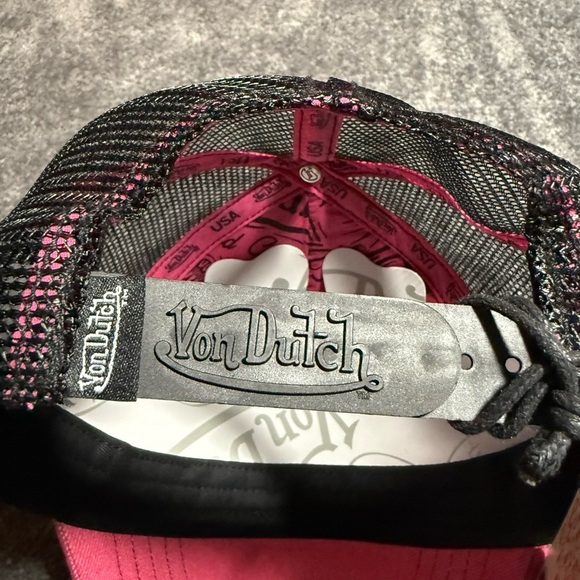 NWT Von Dutch Pink and Black Rhinestone Adjustable Hat Women One Size